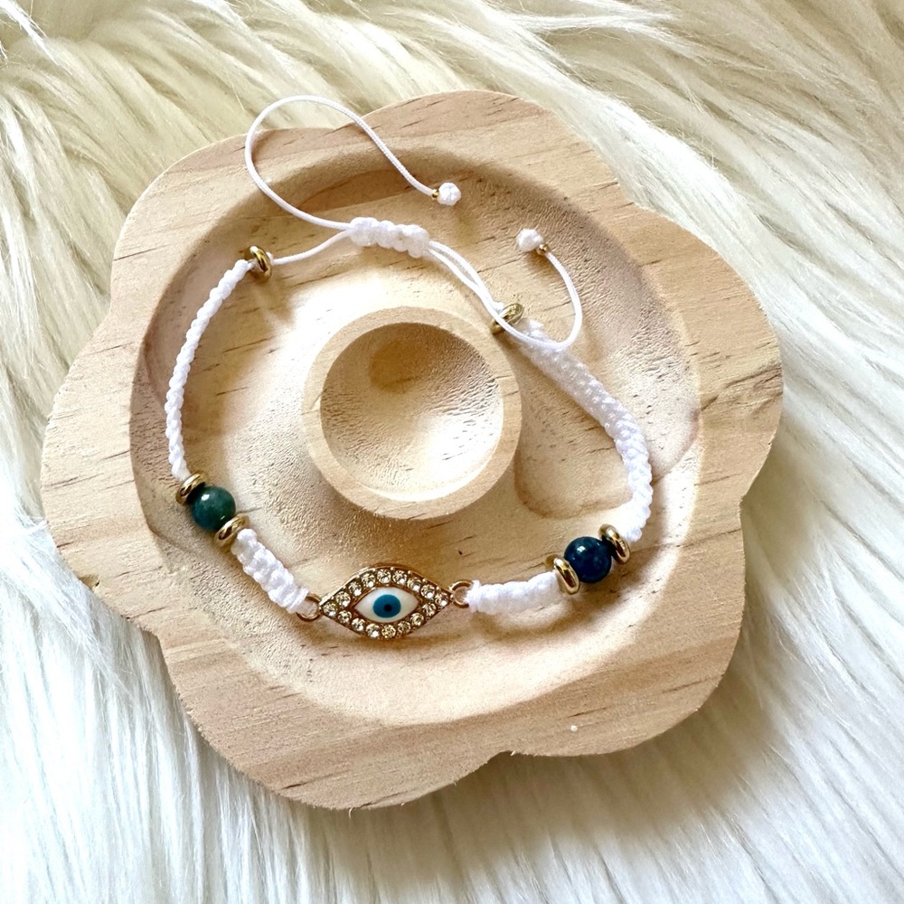 Handmade Evil Eye White Adjustable String Bracelet With Natural Blue Apatite